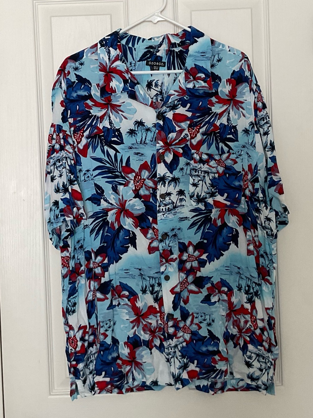 George Blue Floral Button-Down Shirt with Red & Navy Accents